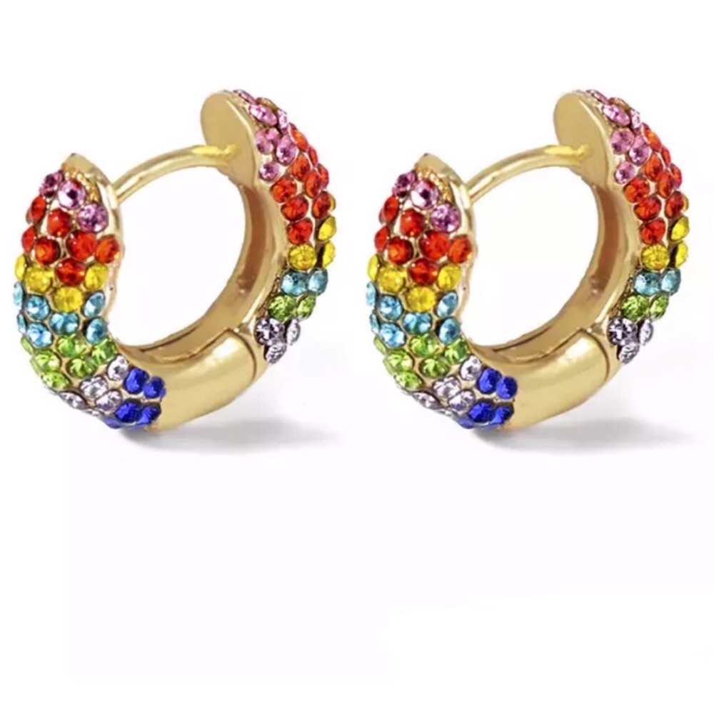 Gold-tone Rainbow 🌈 Crystal Huggie Hoop Earrings